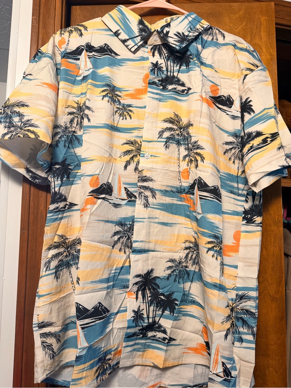 Tropical Palm Print Button-Up Shirt in Teal, Orange & Cream